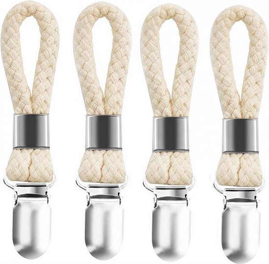 Quatre attaches en cordelette crème tressée avec clips argentés, en forme de boucle.