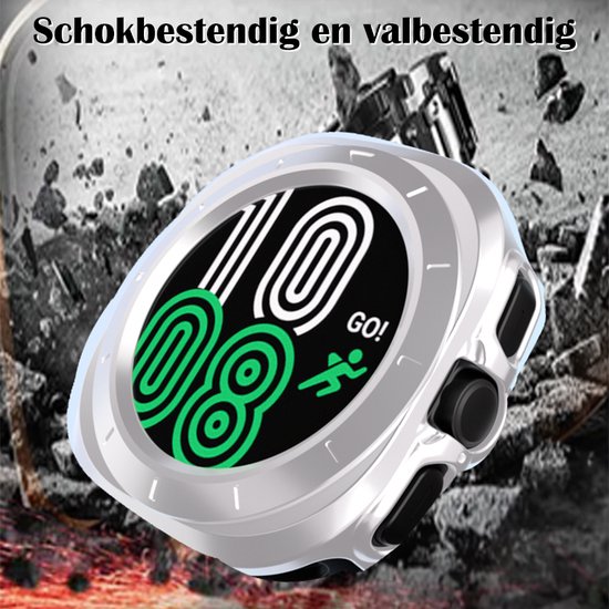 Zilverkleurige smartwatch case, schokbestendig, met een wijzerplaat die 10:08 aangeeft.
