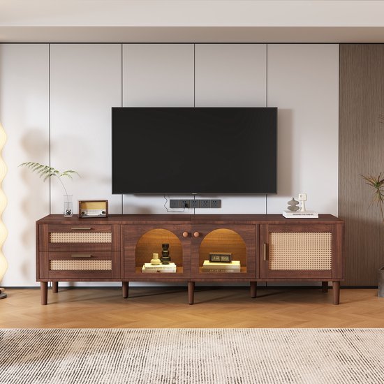 Meuble TV marron 180 cm Sweiko, adapté aux téléviseurs de 80 pouces, équipé de 2 tiroirs en osier, 2 portes vitrées et 1 porte en osier, éclairage LED qui offre un espace de rangement élégant et un panneau TV, marron