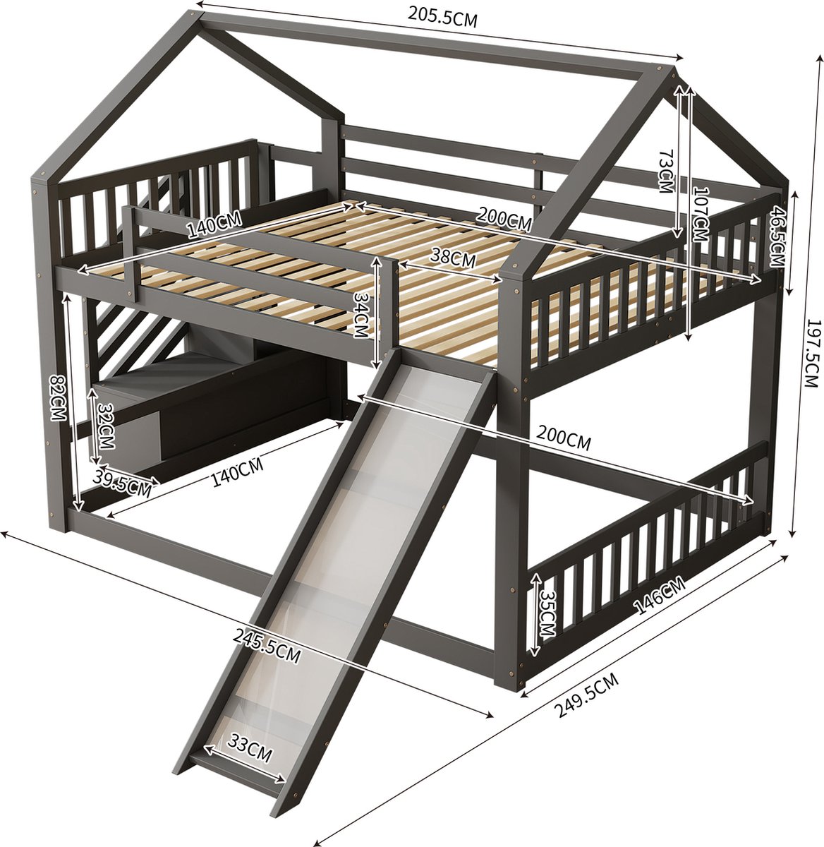 Tweepersoonsbed, kinderbed, huisbed, stapelbed met