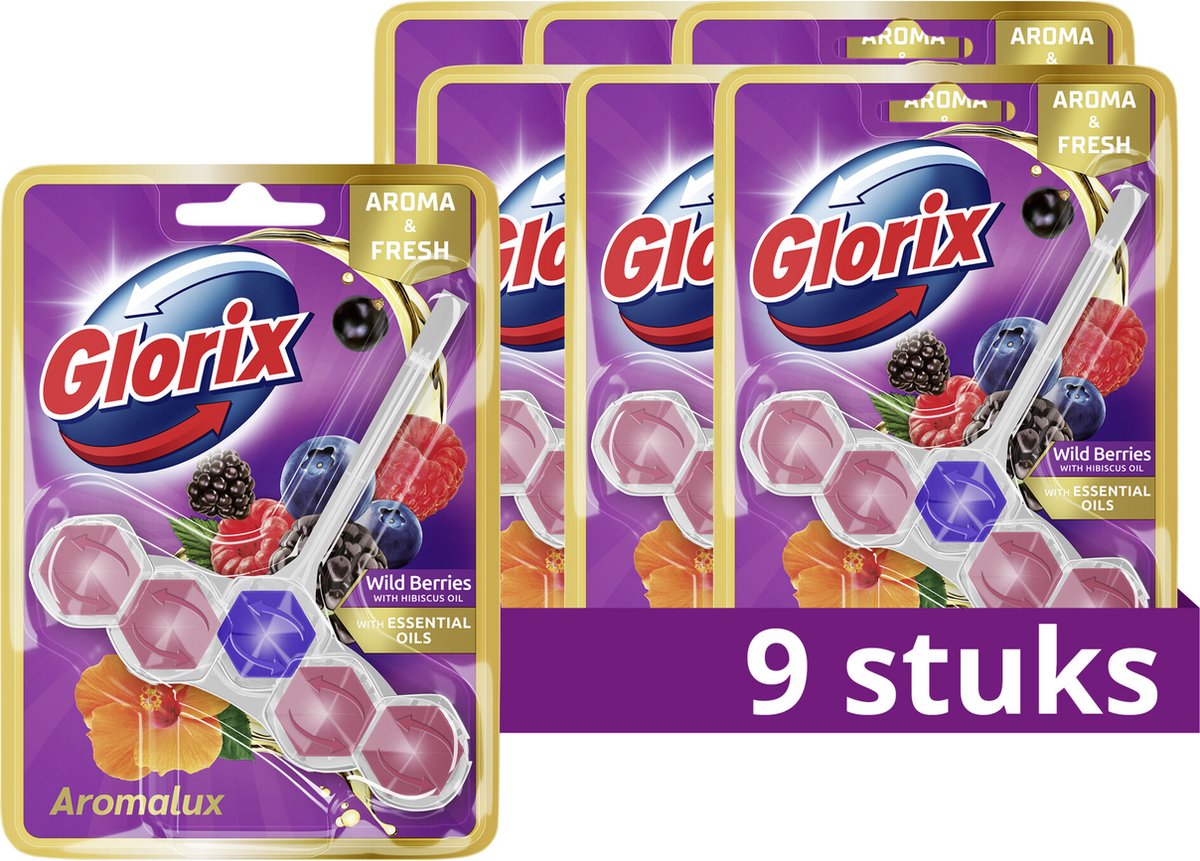 Goedkoopste Glorix Aromalux WC blokjes - Wild Berries & Hibiscus Oil - 9 Stuks - Voordeelverpakking
