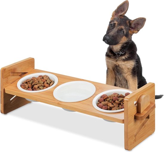 Relaxdays Verhoogde Voerbak Hond Bamboe Hondenvoerbak Standaard Keramische Eetbakken 549898638