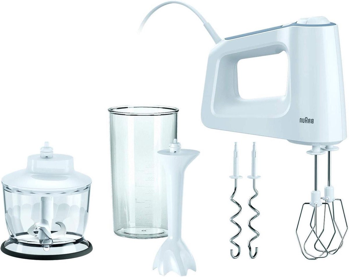 Handmixer met 5 snelheden en turbo Inclusief Gardes Deeghaken Staafmixervoet Hakmolen en Maatbeker 500W Wit