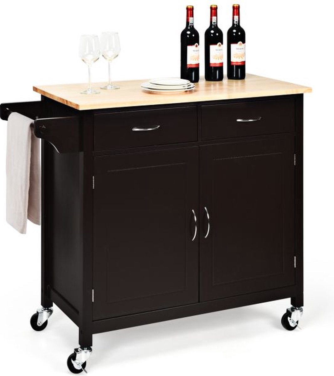 Keukeneiland - Verplaatsbaar - Keukenkast - Dressoir - Keukenblok - Organizer - Kasten - Houten Werkblad - 2 Deuren - Bruin