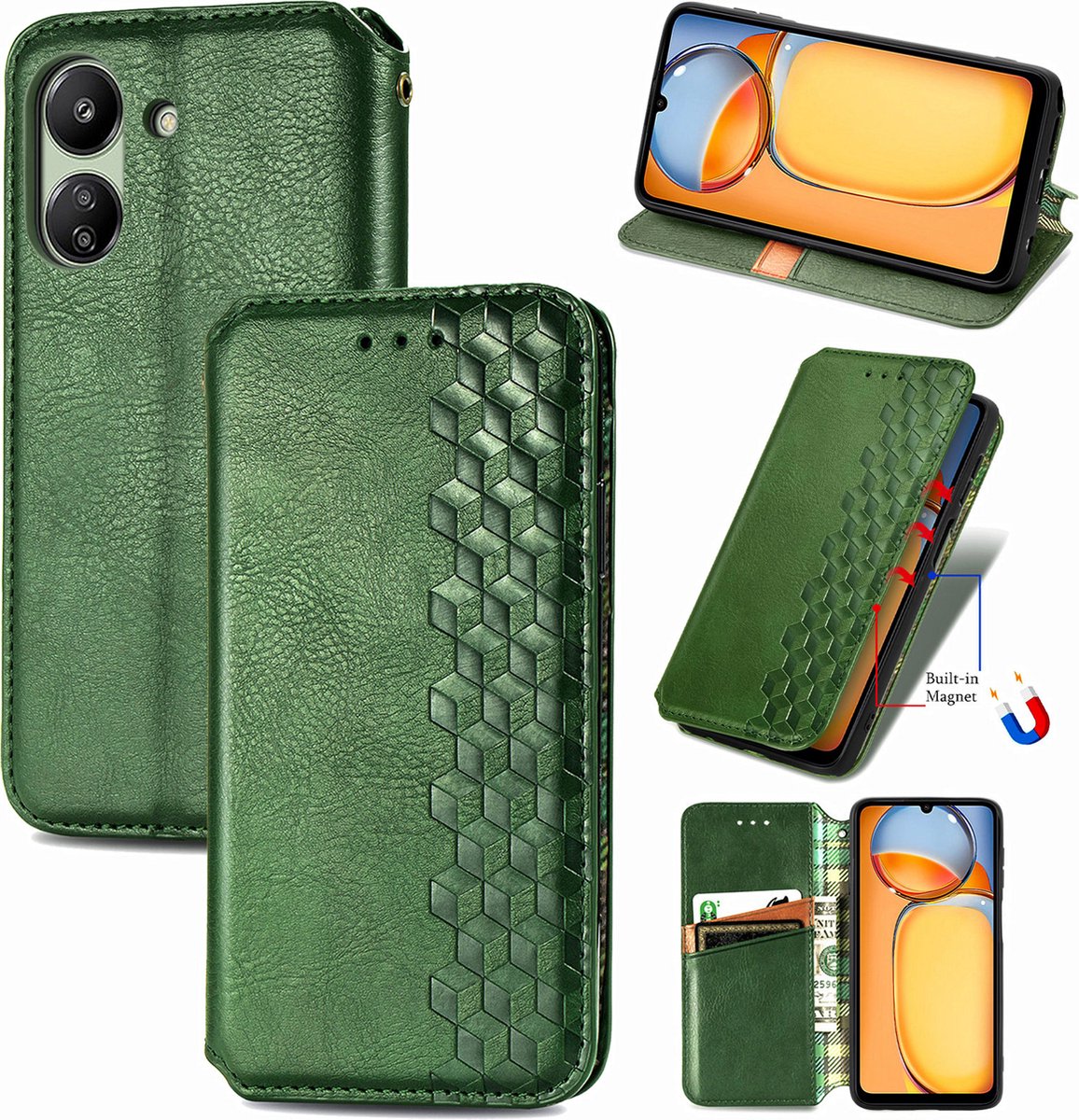 Luxe PU Lederen Ruitpatroon Wallet Casevoor Redmi 13C 4G _ Groen