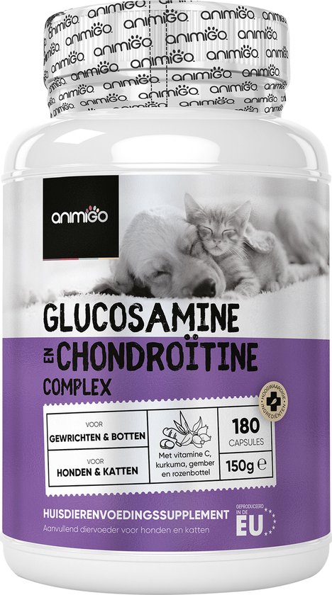 Animigo Glucosamine en Chondroïtine voor Honden en Katten - Voor de Botten, Heupen en Gewrichten - Glucosamine hond - 180 capsules met natuurlijke ingrediënten - Met Kurkuma, Gember, Rozenbottel en Vitamine C