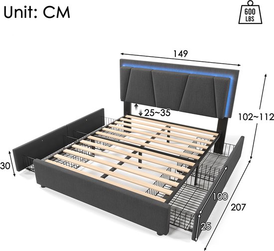 Gestoffeerd Bed Met LED-verlichting En 4 Laden - 140x200 Cm Hoofdeinde In Hoogte Verstelbaar In Zwart Kunstleer