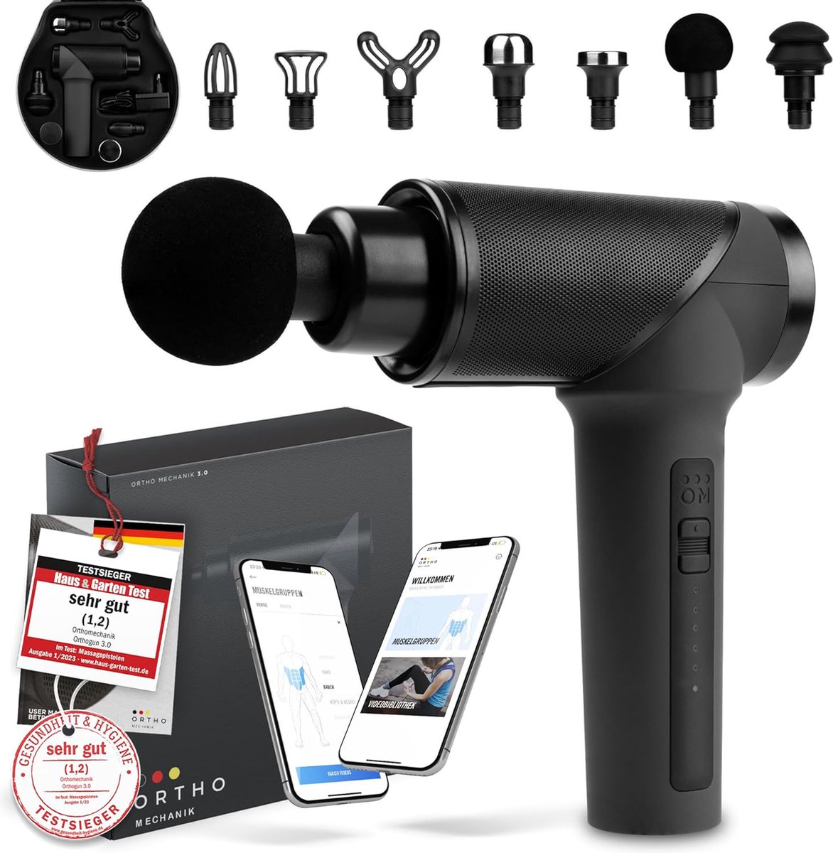 OrthoMechanik 3.0 - Massage Gun Professional met Smartphone App-Expert Video's - Massage apparaat met accessoires - Massage pistool voor sneller herstel