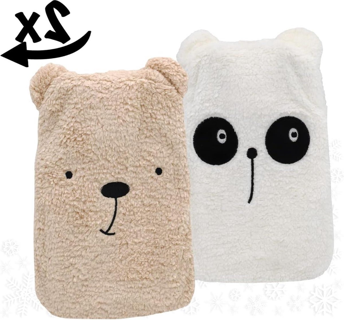 Goedkoopste Warmwaterkruik set van 2 in dierlook - panda beer patroon - inhoud 0.85 liter - lekvrij - met zachte coating - voor kinderen en volwassenen