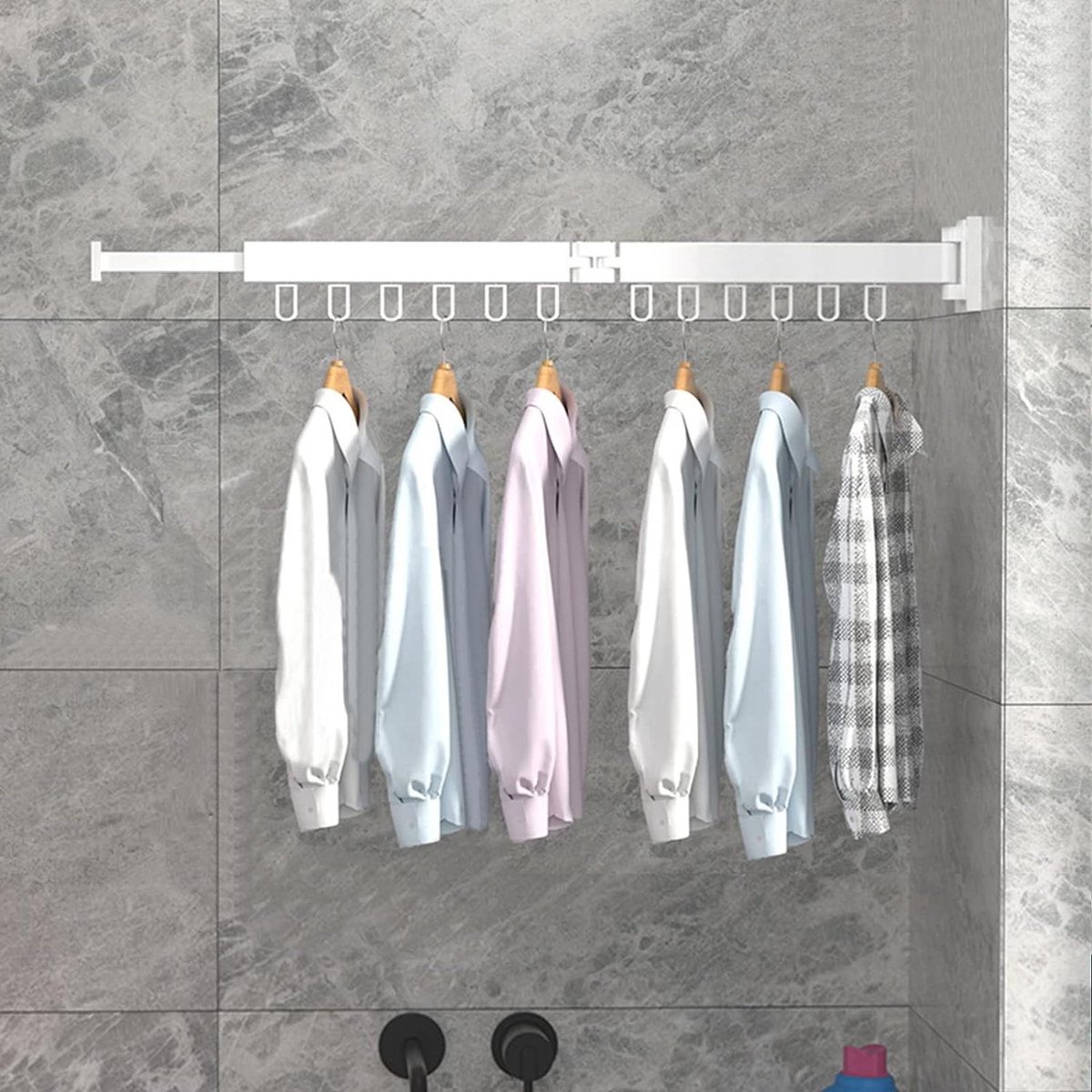 Goedkoopste Intrekbaar wandmontage droogrek voor kleding met haken - wit - voor balkon en terras