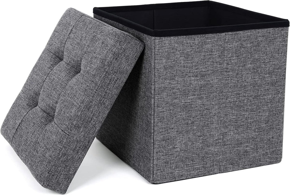 Opvouwbare zitkruk met opbergruimte - donkergrijs imitatielinnen - 38x38x38cm - 300 kg - 40 l
