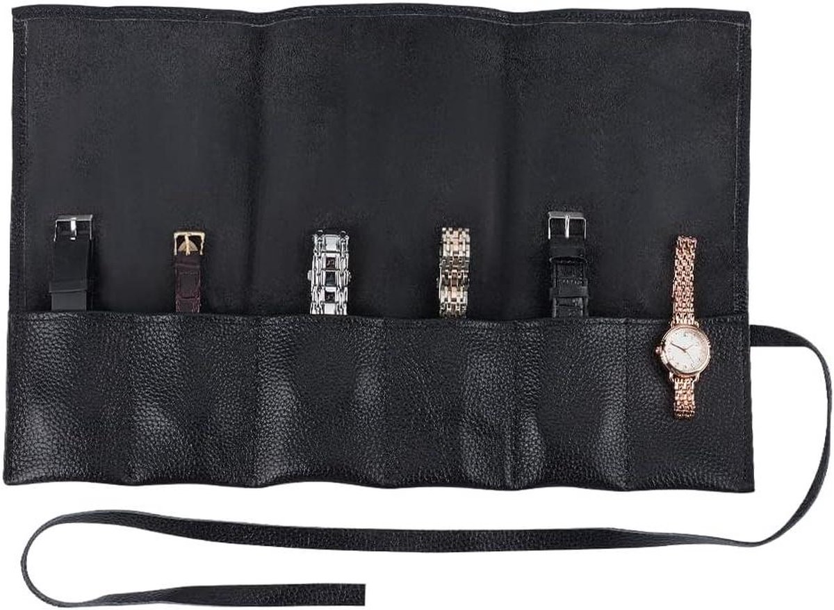 Zwart Lederen Polshorloge Roll Case - Organisator voor Horloge Opslag en Reizen - 6 Zakken - 39x24.6cm