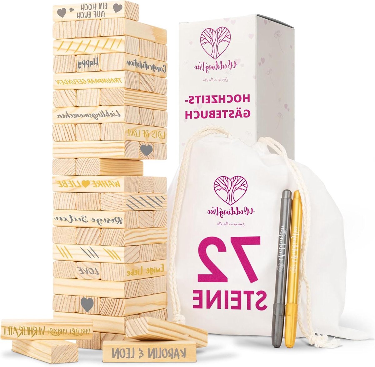 Houten toren gastenboek bruiloft met stenen opbergzak - 72 stuks - bruiloftsspel metallic markers