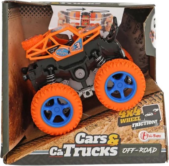 Oranje monstertruck met blauwe velgen, in een 'Cars & Trucks Off-Road' verpakking. "360° Stunts".