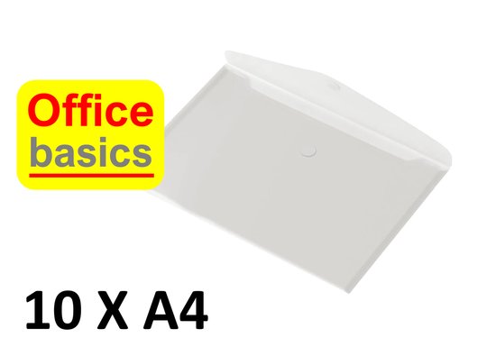 Transparante insteekmap dwars A4 met drukknoopsluiting en 'Office basics' logo.