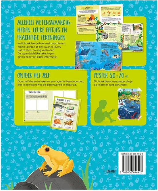 Achterkant van een boek met de titel 'Allerlei wetenswaardigheden, leuke feitjes en prachtige tekeningen'. Met illustraties van dieren, een poster en een kikker.