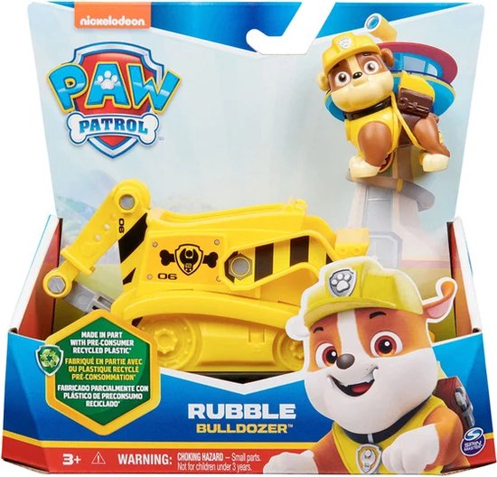 Paw Patrol Rubble Bulldozer speelgoed in verpakking, met gerecycled plastic.