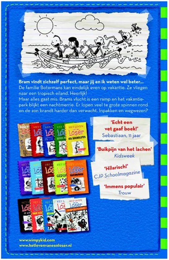 Boekcover met tekening van vakantie met een boot en de tekst 'Bram vindt zichzelf perfect, maar jij en ik weten wel beter...'. Meerdere boeken gestapeld.