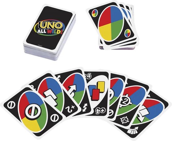 Een stapel UNO All Wild kaarten, losse kaarten waaronder een +4, en een hand met speelkaarten.