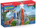 Schleich Dinosaurs speelgoed vulkaan met 2 dinosaurussen, een figuur, kraan en rookpluim.