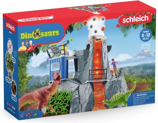 Schleich Dinosaurs speelgoed vulkaan met 2 dinosaurussen, een figuur, kraan en rookpluim.