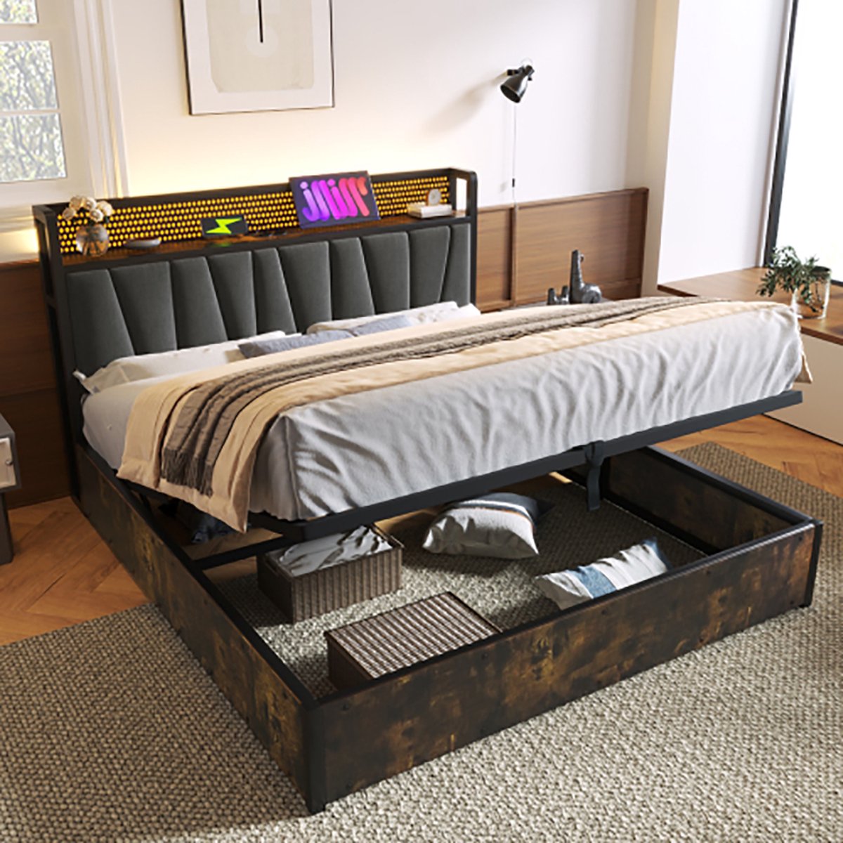 KOMHTOM Gestoffeerd metalen bed - 180 x 200 cm - grijs - Metaal + hout - LED met app-bediening - USB in hoofdeinde - zonder matras