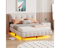 foto van KOMHTOM Bed Tweepersoonsbed 160x200 cm met LED-verlichting en fluwelen rugleuning Volwassenenbed beige