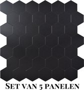 Wallways Wandpanelen - Plaktegels - Set van 5 Tegels - Tegelsticker - Zelfklevende Tegels - 4MM dik - Aluminium toplaag - Waterdicht - Krasbestendig - Hittebestendig - 3M Kleeflaag - Hexagon Zwart