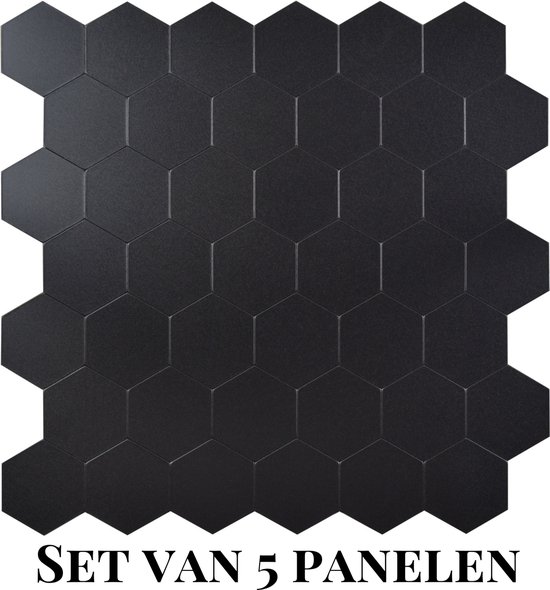 Set van 5 zelfklevende zeshoekige wandtegels, zwart, met een ruwe textuur en aluminium toplaag.