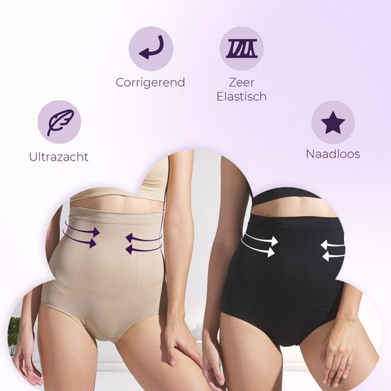 Collage met twee modellen in beige en zwart corrigerend ondergoed. Iconen voor 'Ultralucht', 'Corrigerend', 'Zeer Elastisch', 'Naadloos'.