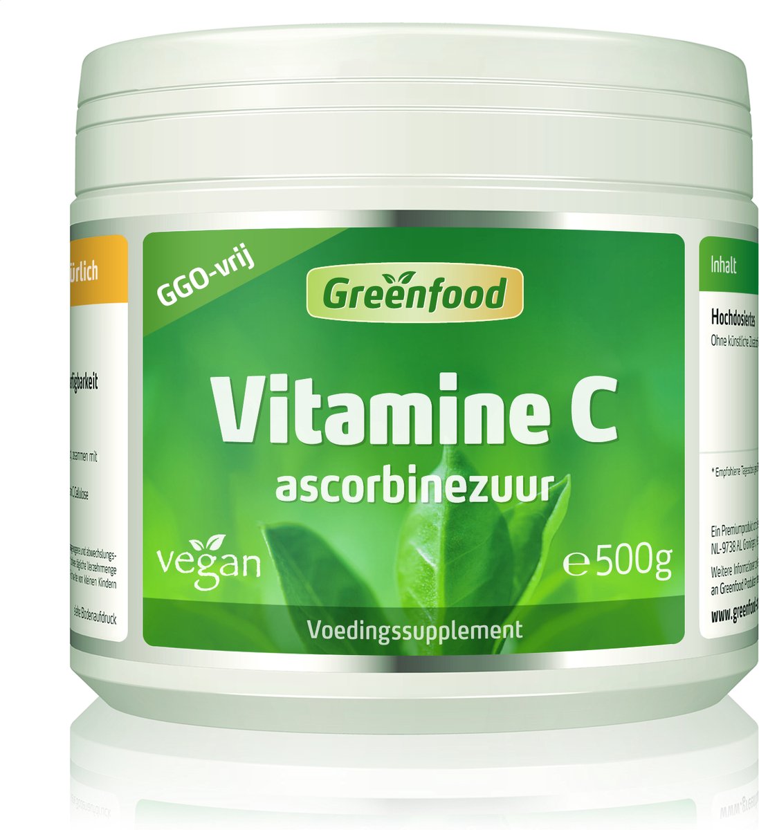 Goedkoopste Greenfood Vitamine C, 500 gram poeder - Zonder genetische manipulatie. Zonder kunstmatige toevoegingen. Veganistisch.