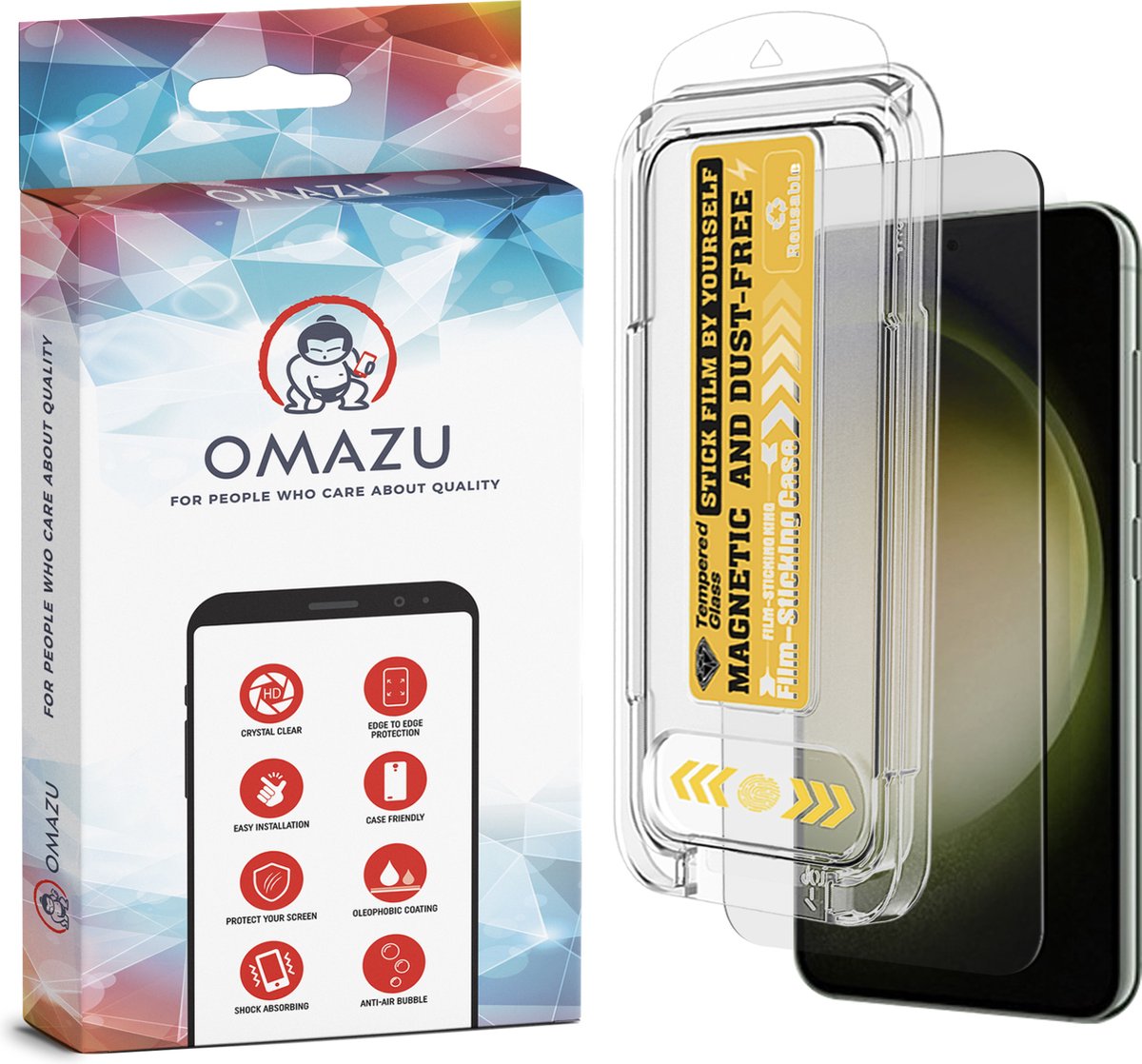 OMAZU Sumo Sterk Tempered Glass Screenprotector (Full Screen) 1-pack, Geschikt voor Samsung Galaxy S24 Plus (6.7’’), Met handige OMAZU Magnetische installatie applicator, voor een foutloze applicatie