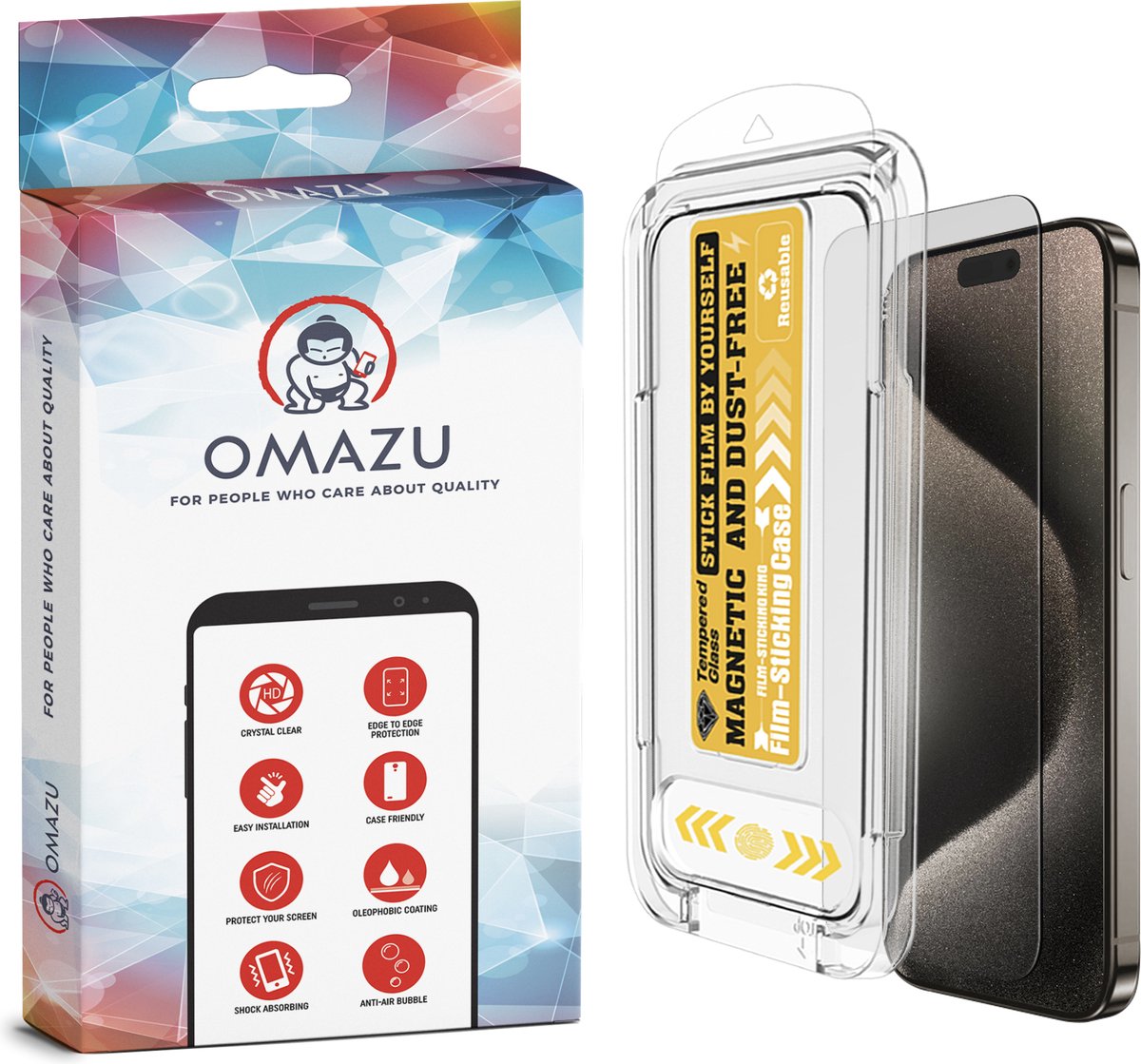 OMAZU Tempered Glass Screenprotector(Full Screen) 1-pack, Geschikt voorApple iPhone 15 PRO / 6,1'', Met handige OMAZU Magnetische installatie applicator, voor een foutloze applicatie
