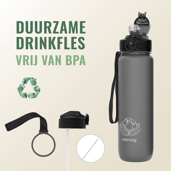 Dutch'D ® - 1 Liter - Waterfles - Drinkfles met rietje - Volledig Zwart - Tritan - BPA Vrij - Rietje - Lek Vrij - Drinkfles Volwassenen/Kinderen - Vaatwasser Bestendig - Sport Bidon - Motivatie fles