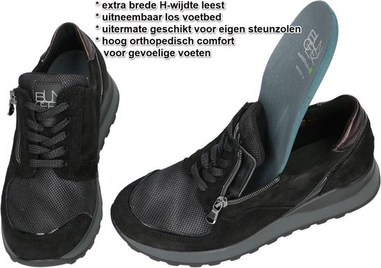 Zwarte sneakers met rits en veters, en losse binnenzool. Extra brede H-leest.
