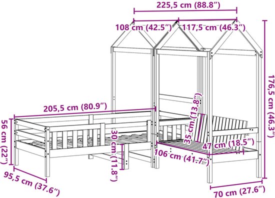 vidaXL - Lit enfant - avec - maison - solide - bois de pin - marron lavé - 90x200 - cm