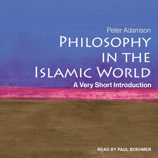 Boekomslag met de titel 'Philosophy in the Islamic World' door Peter Adamson. Paarse en blauwe achtergrond met tekst.