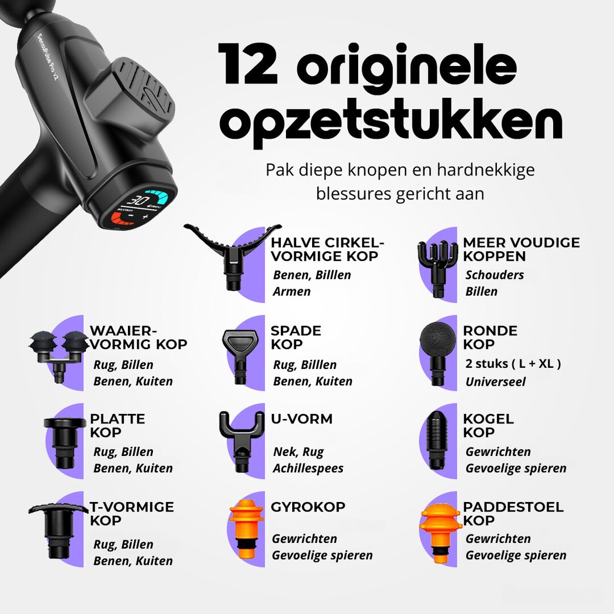 SensuPulse Pro V2 Massage Gun - Professioneel Massage Apparaat - 12 Opzetstukken - 30 Snelheden - Spierherstel en Ontspanning - Massage Pistool - Fitness en RSI Klachten - Gratis Drukpuntmassagetechnieken Handleiding - Shiatsu — cadeau in Sport & Outdoor - foto 5