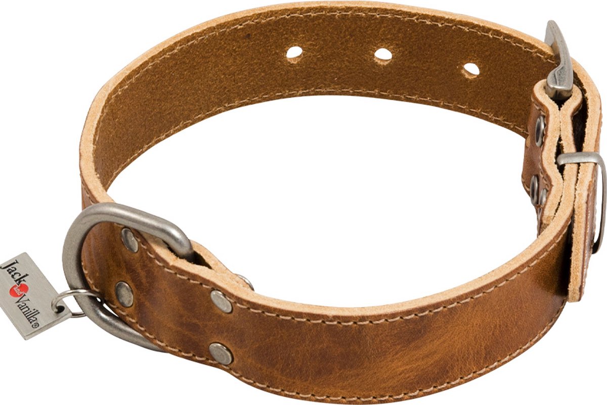 Jack and Vanilla Lederen halsband vintage Timeless 45 cm x 25mm lichtbruin. nek 33-39 cm afgewerkt met matte chroom