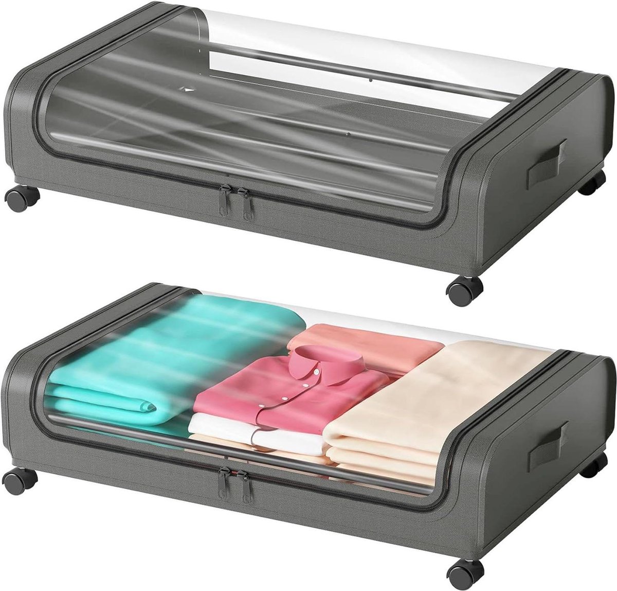 Goedkoopste Onder Bed Opslag met Wielen en Deksel 48L - Metalen Frame - Clear Venster - Opbergtas Box - Slaapkamer Organizer - Kleding Schoenen Speelgoed