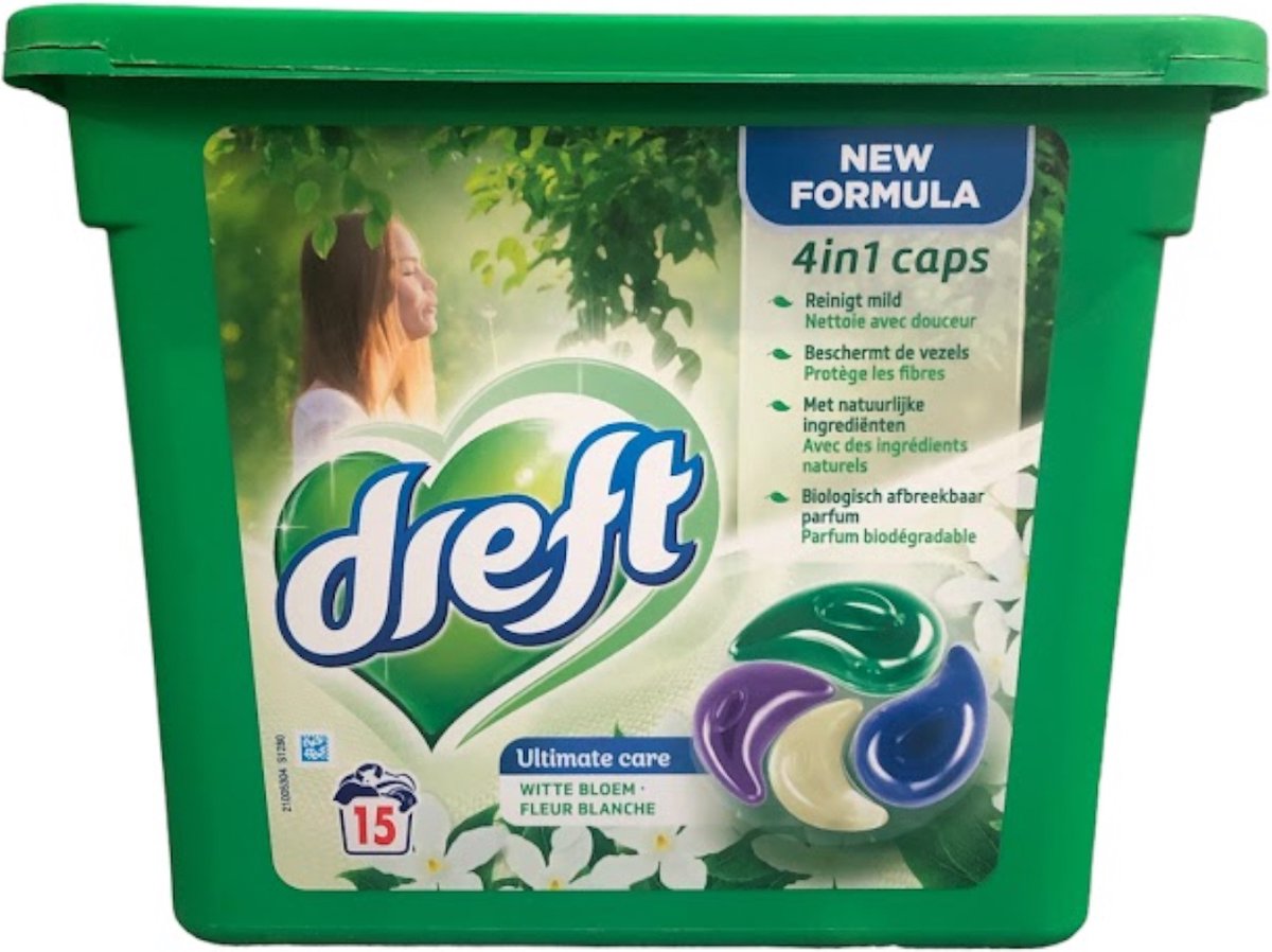 Goedkoopste Dreft Caps 4in1 - 15sc/330gr - ultimate care witte bloem