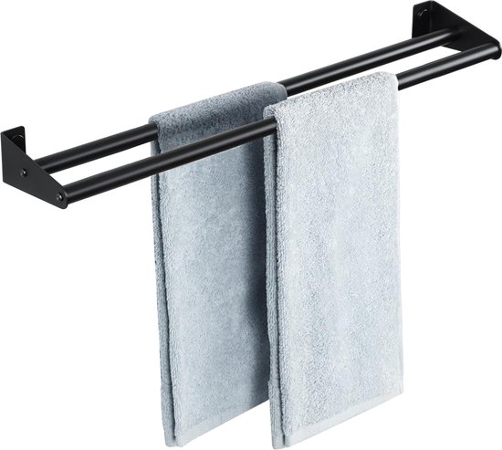 Handdoekhouder, zwart, van roestvrij staal, 80 cm, dubbele handdoekstang, badhanddoekhouder, wandhanddoekhouder, wandmontage, boren, badkamer