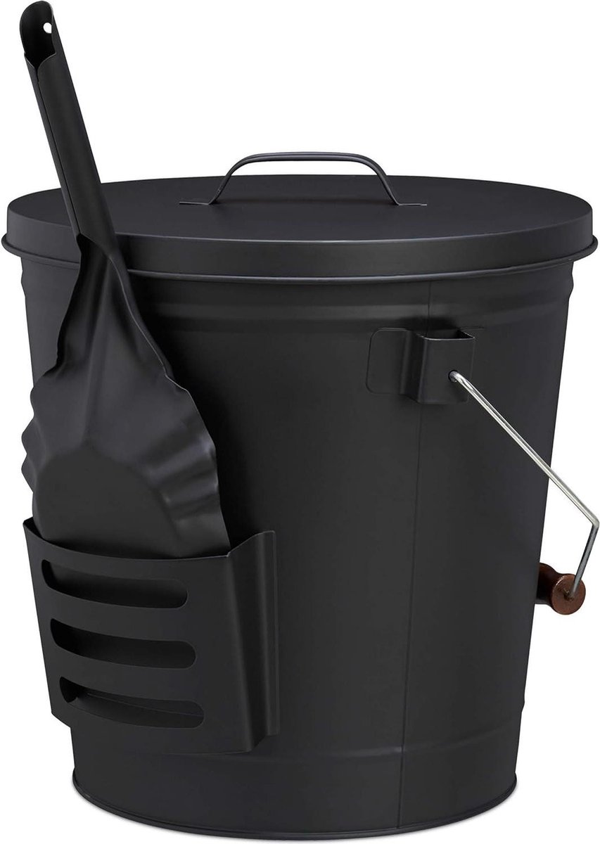 Goedkoopste Asemmer met deksel en schep van staal - Handige kolenemmer met handvat - 19 liter voor open haard & barbecue - Zwart
