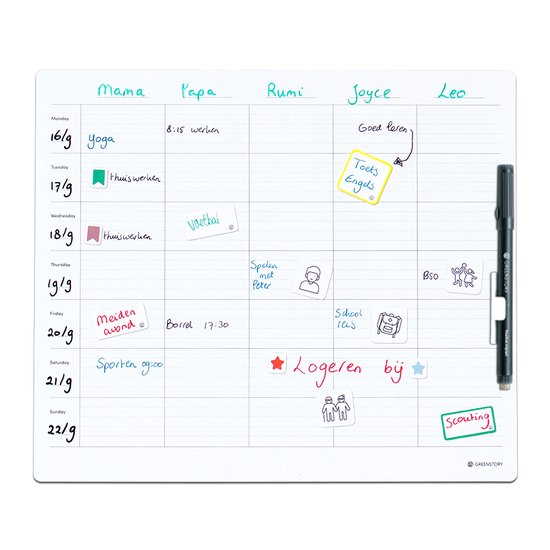 GreenStory - Familiekalender - Familieagenda - Groot - 5 Personen - Sticky Whiteboard - met Sticky Pen