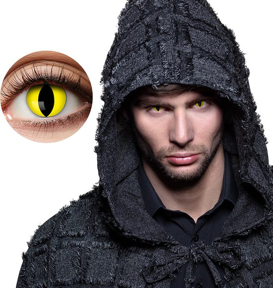 Grijze hoodie met capuchon, gedragen door een man met gele kattenoog-contactlenzen.