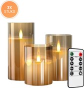 KESSER® Led-kaarsen, set van 3, vlamloze kaarsen met afstandsbediening, timerfunctie, timer, dimmer, echte waskaars, 10 cm, 12,5 cm, 15 cm hoog, realistische ledvlammen, echte was, met koord, geel