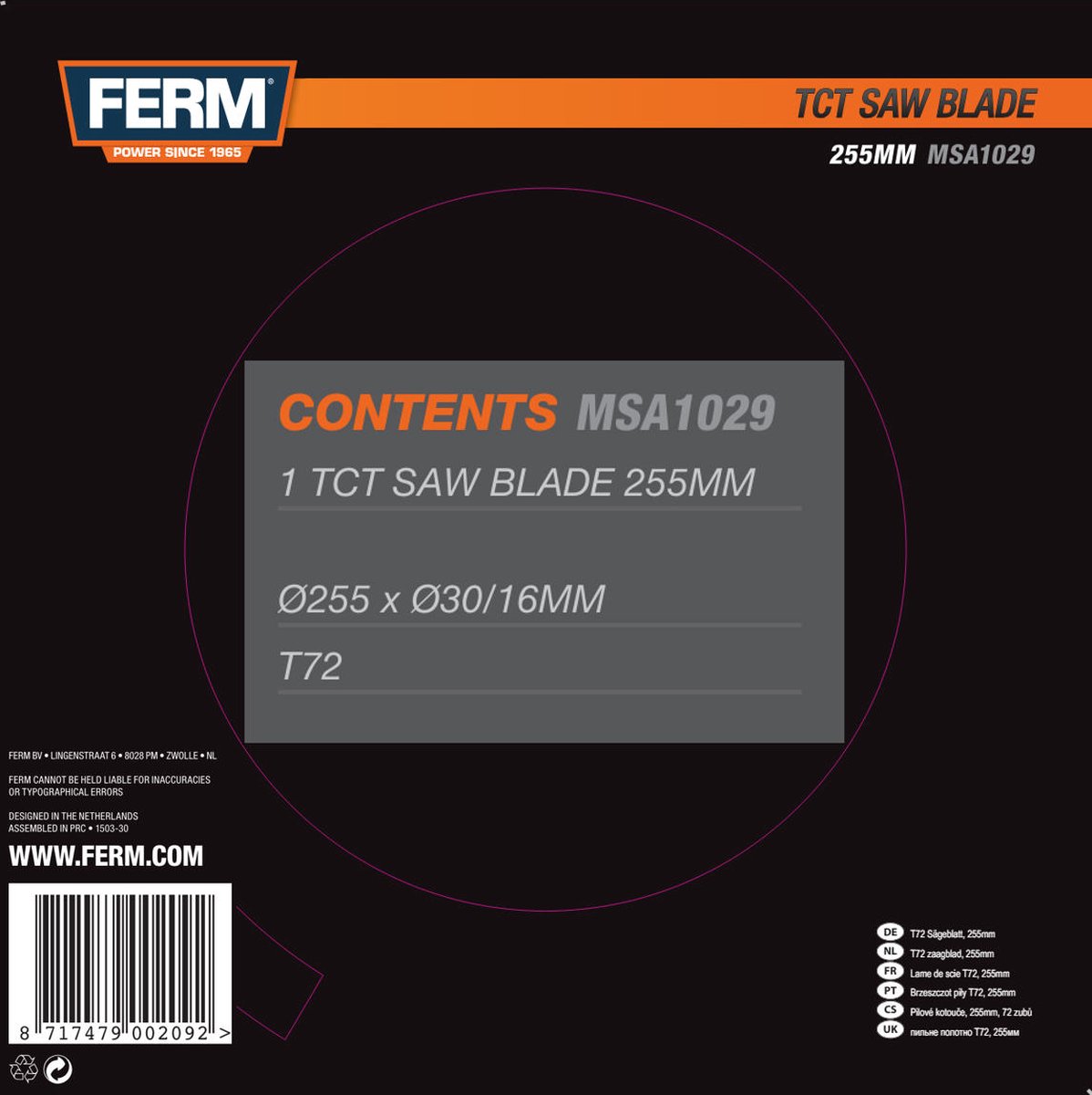 FERM - MSA1029 - Zaagblad - 255x30/16mm - T72 - TCT tanden - Diameter: - 255mm - Asgat: - 30mm - 16mm - Universeel - Voor zagen van - Hout - Zeer geschikt voor - MSM1038 - MSM1040 - Radiaal afkortzaag – foto 6
