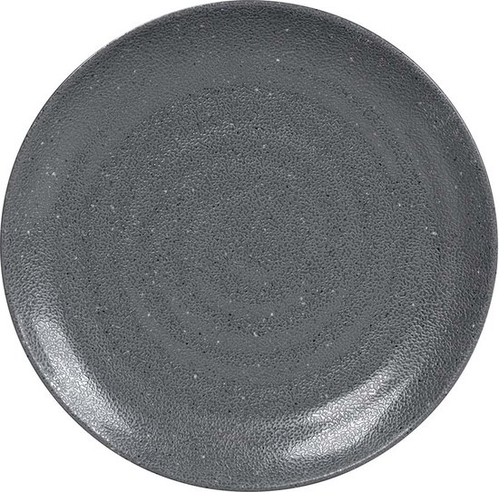 Een grijze, ronde dinerbord met een gespikkeld, steenachtig uiterlijk.