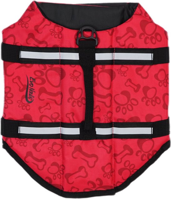 Rood zwemvest met botjes- en pootafdrukken, zwarte gespen en reflecterende strepen.