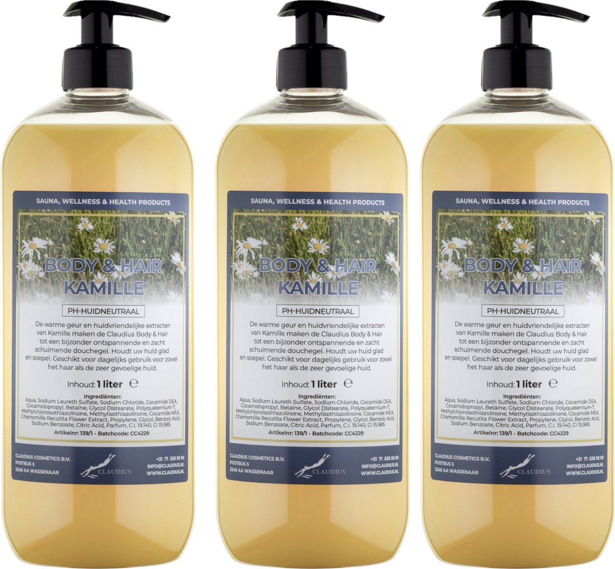 Goedkoopste Body & Hair Kamille 1 liter - set van 3 stuks - met gratis pomp - 2 in 1 voor lichaam en haar.